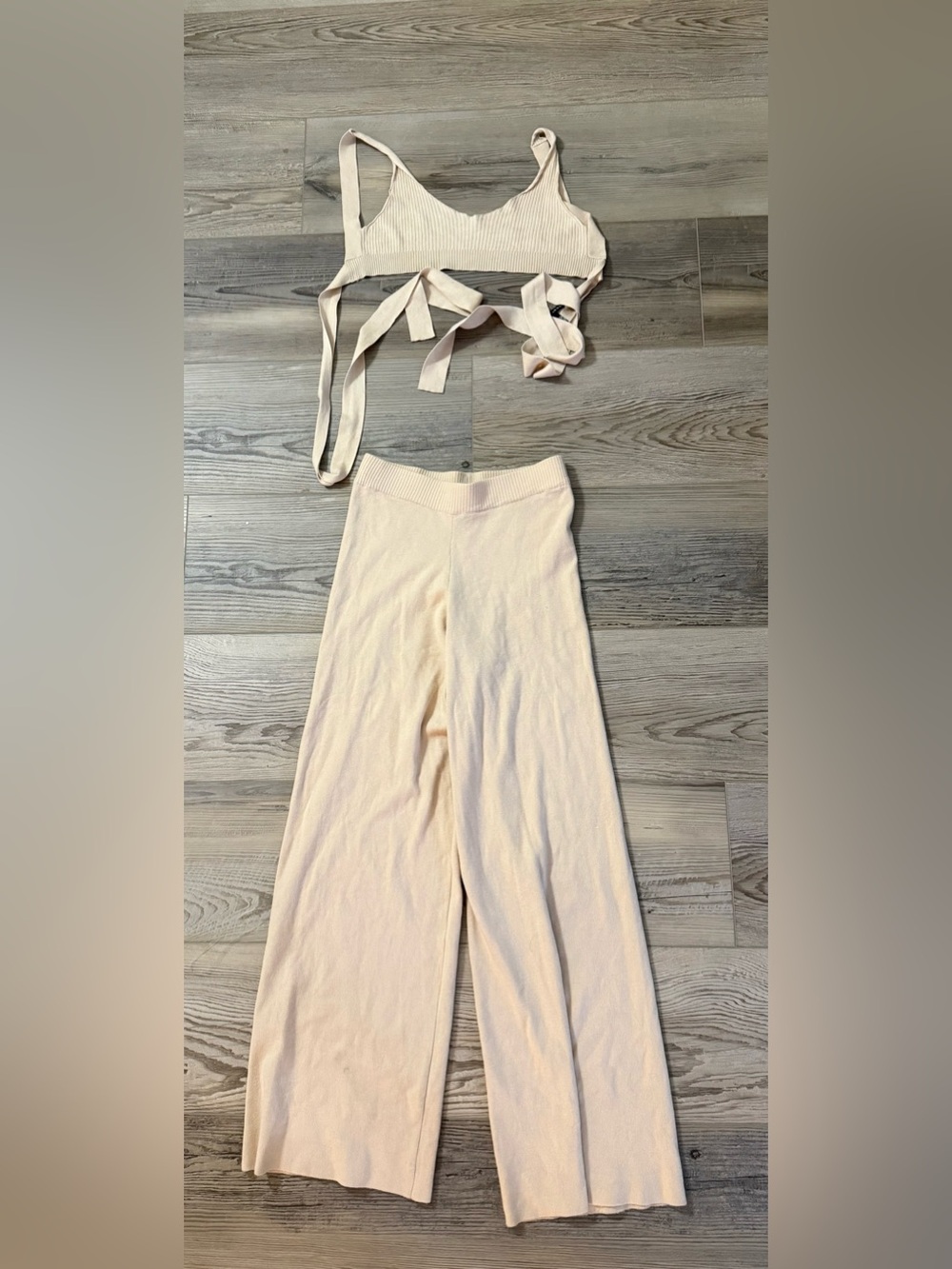 Knit Wide-Leg Pants in Light Cream with matching crop top